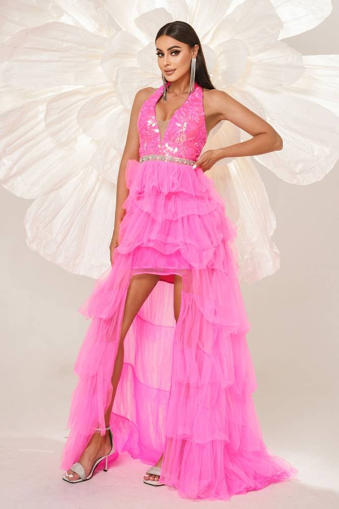 Hi-Lo Halter A-Line Tulle Sequin Evening Dresses with Ruffles