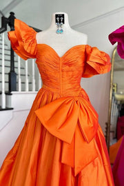 Orange Sweetheart Long A-Line Satin Prom Dresses with Bow