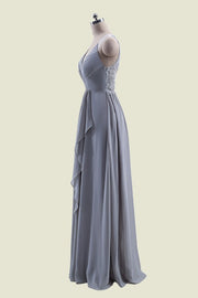 Grey Sleeveless A-Line V-Neck Tulle Chiffon Bridesmaid Dresses with Appliques