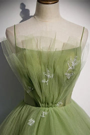 Green Spaghetti Straps Ball Gown Tulle Evening Dresses with Beads