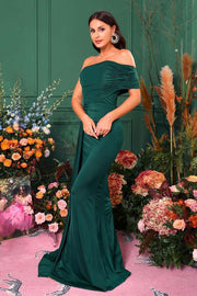 Dark Green Off-The-Shoulder Mermaid Satin Evening Dresses with Train