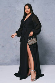 Black Plus Size Long Sleeves Chiffon Prom Evening Dresses with Slit