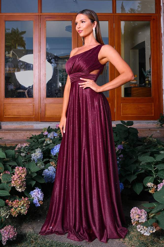 Sparkly One-Shoulder A-Line Satin Evening Dresses