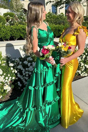 Emerald V-Neck Long Satin A-Line Prom Dresses with Slit