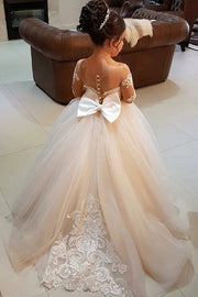 Long Ball Gown Tulle Long Sleeves Flower Girl Dresses with Bow