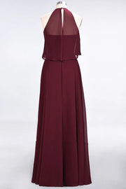 Burgundy Crew Neck Sleeveless A-Line Chiffon Bridesmaid Dresses