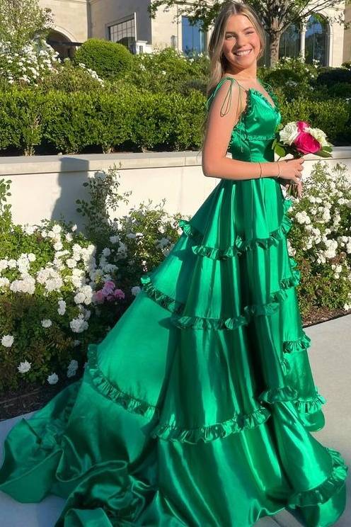 Emerald V-Neck Long Satin A-Line Prom Dresses with Slit