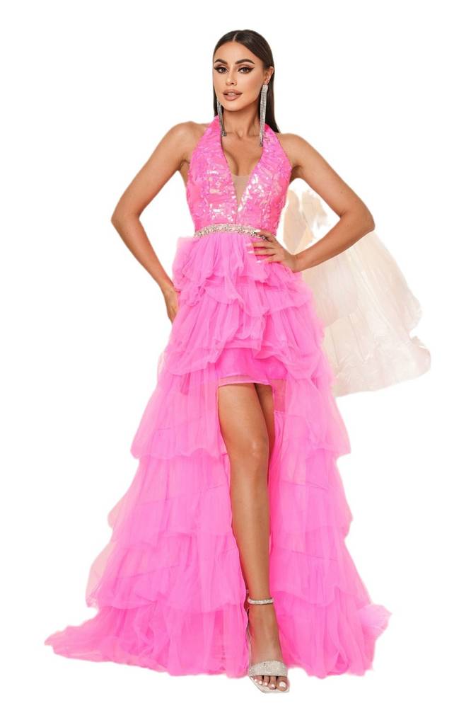 Hi-Lo Halter A-Line Tulle Sequin Evening Dresses with Ruffles