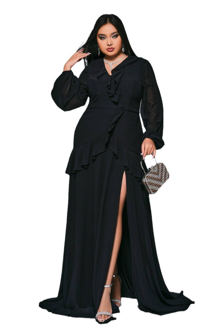 Black Plus Size Long Sleeves Chiffon Prom Evening Dresses with Slit