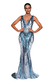 Sweep Train V-Neck Sleeveless Mermaid Sequin Prom Dresses