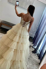 Champagne Tiered V-Neck Sleeveless Ball Gown Tulle Prom Dresses