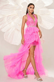 Hi-Lo Halter A-Line Tulle Sequin Evening Dresses with Ruffles