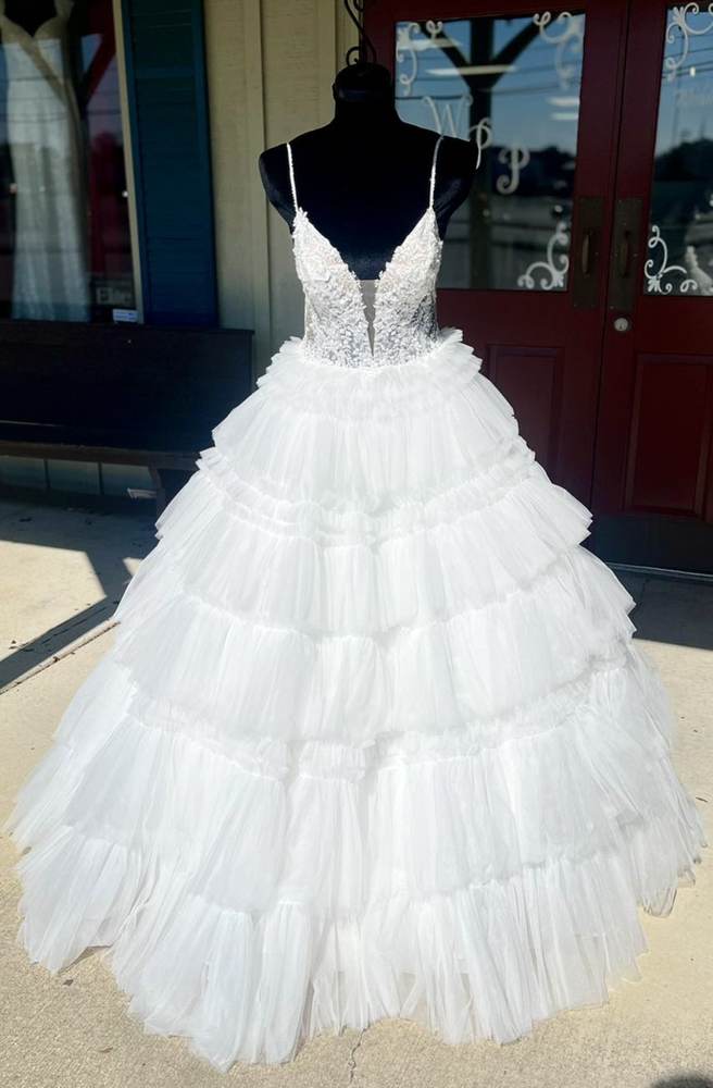 White Tiered V-Neck Sleeveless Ball Gown Tulle Prom Dresses