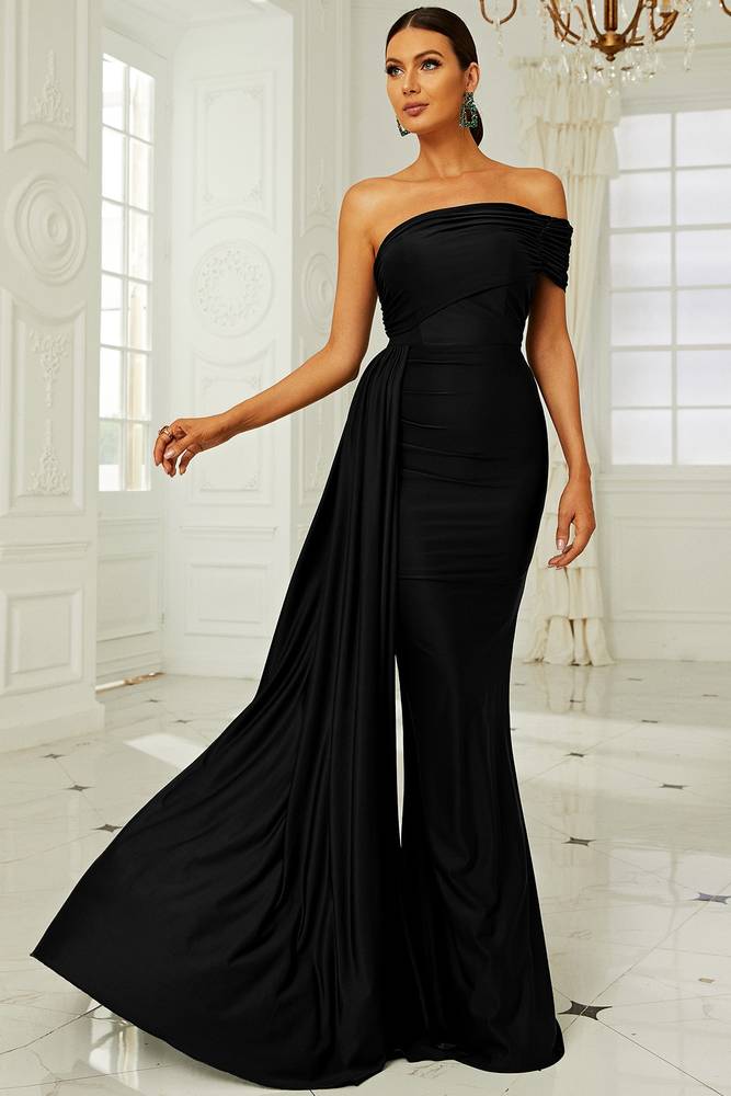 Black Off-The-Shoulder Mermaid Satin Evening Dresses with Train