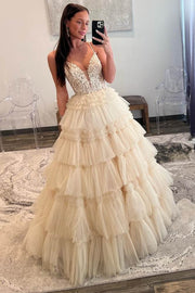 Champagne Tiered V-Neck Sleeveless Ball Gown Tulle Prom Dresses