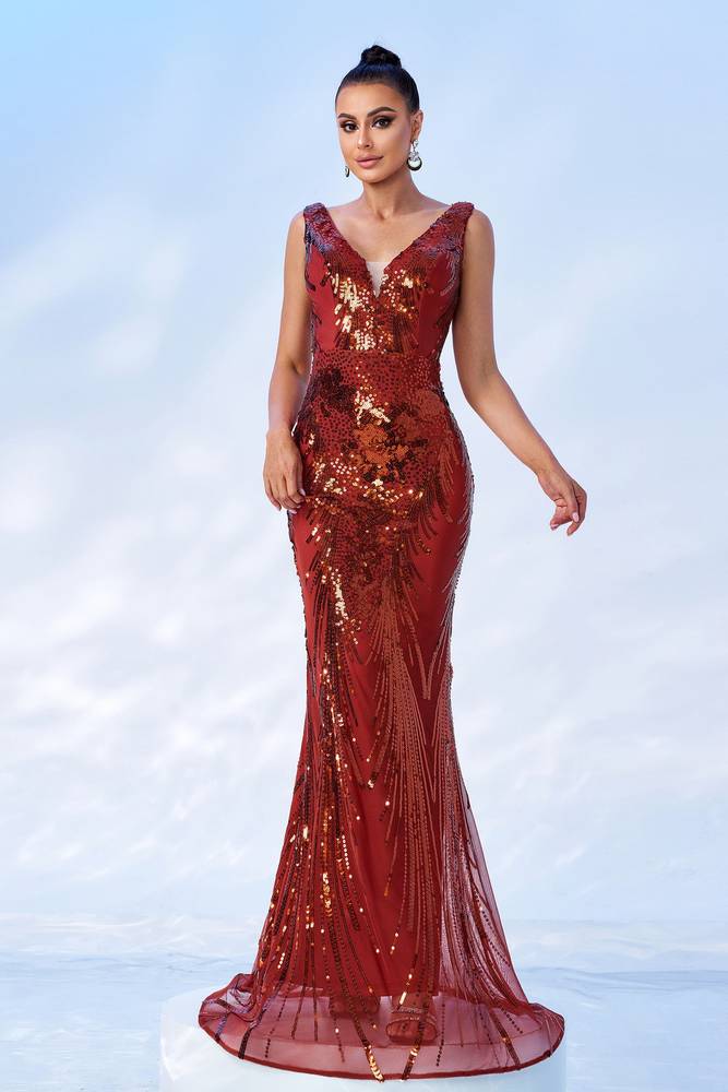 Sweep Train V-Neck Sleeveless Mermaid Sequin Prom Dresses