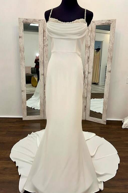 White Spaghetti Straps Sleeveless Backless Mermaid Satin Long Wedding Dresses with Beads