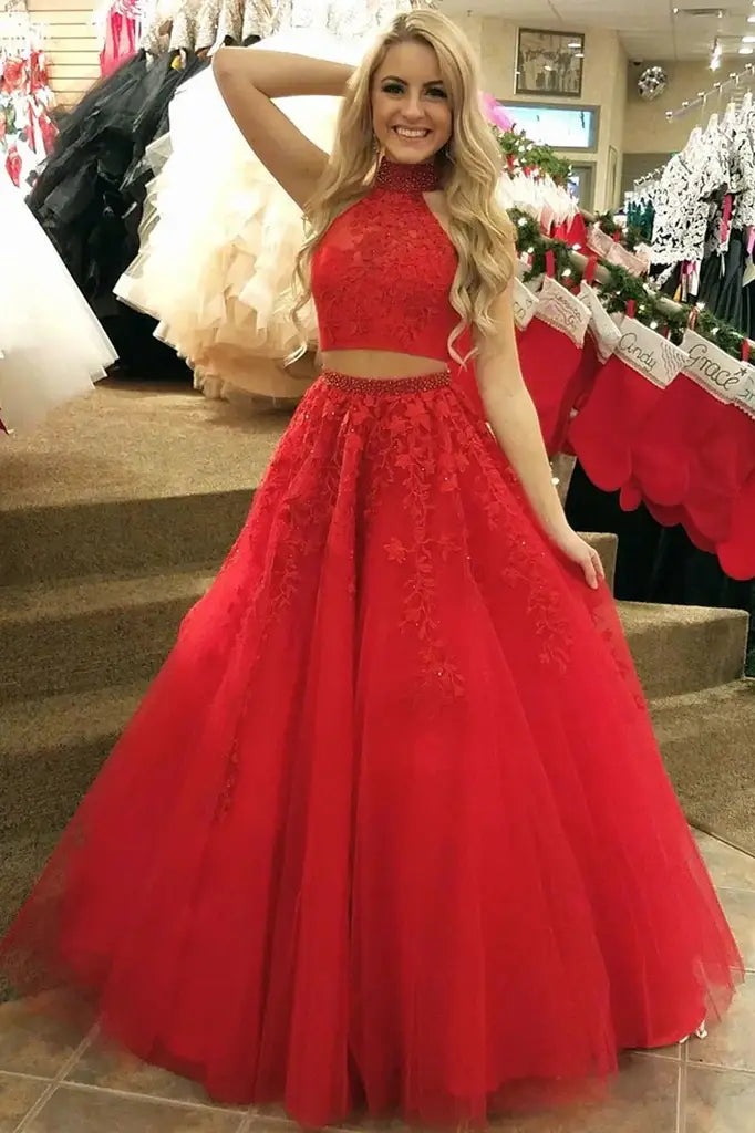 Red Two-Piece A-Line Tulle Hign Neck Prom Dresses with Beads