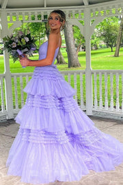 Lavender Tiered V-Neck Spaghetti Straps A-Line Long Party Dresses