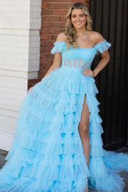 Sky Blue Off-The-Shoulder A-Line Tulle Prom Dresses Split Front Ruffles with Sash