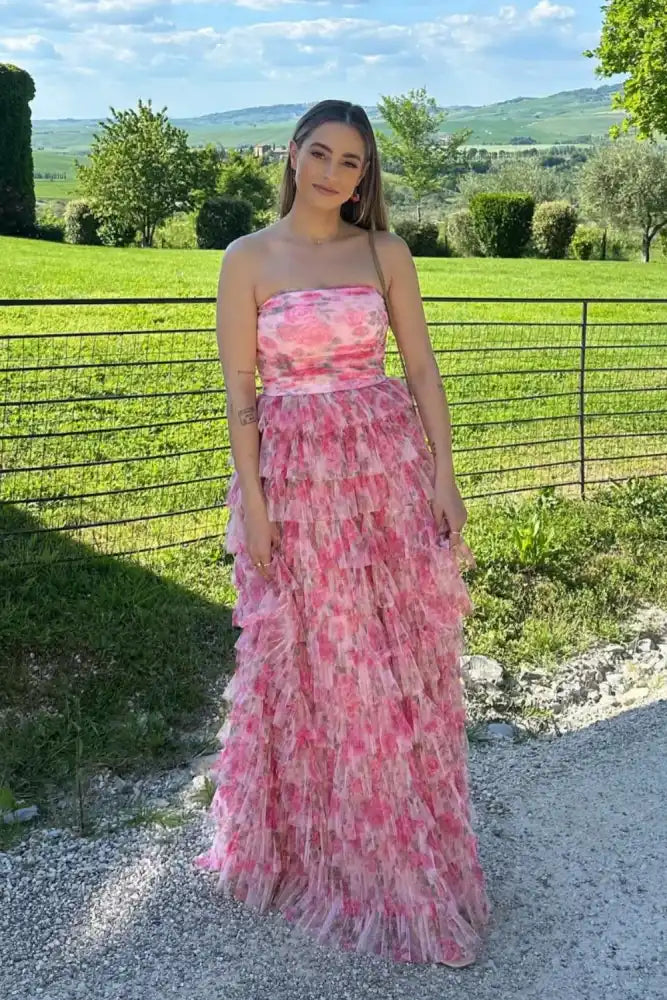 Exquisite A-Line Tiered Floor-Length Floral Strapless Prom Dresses