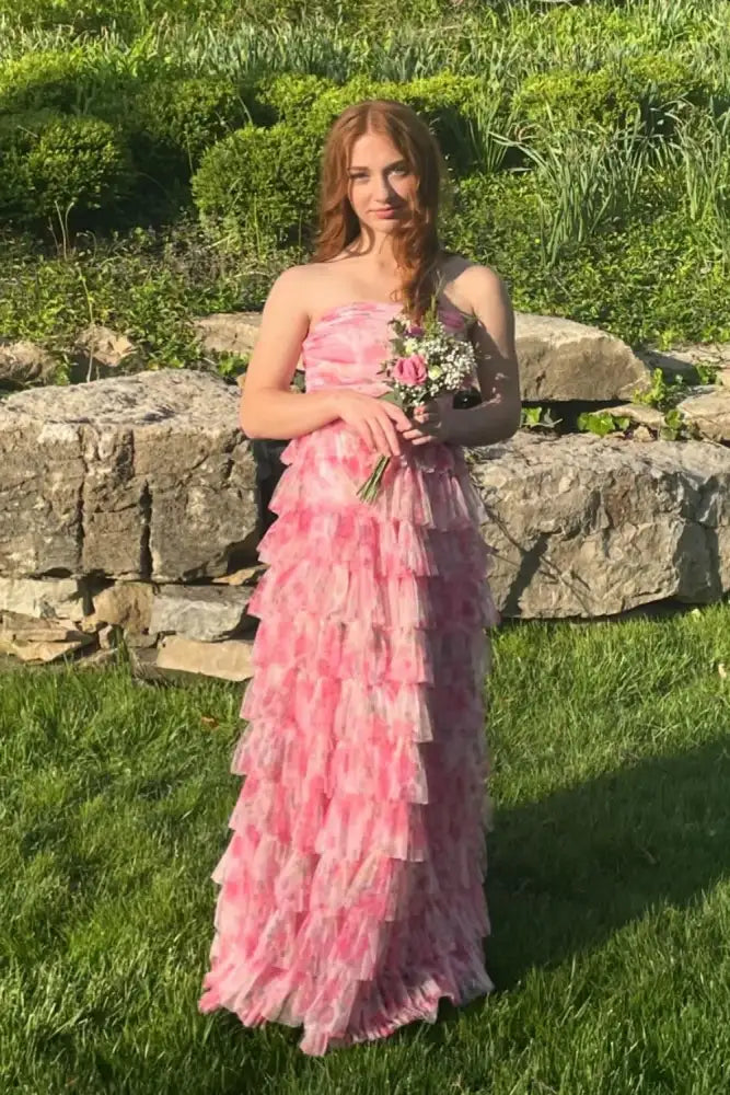 Exquisite A-Line Tiered Floor-Length Floral Strapless Prom Dresses