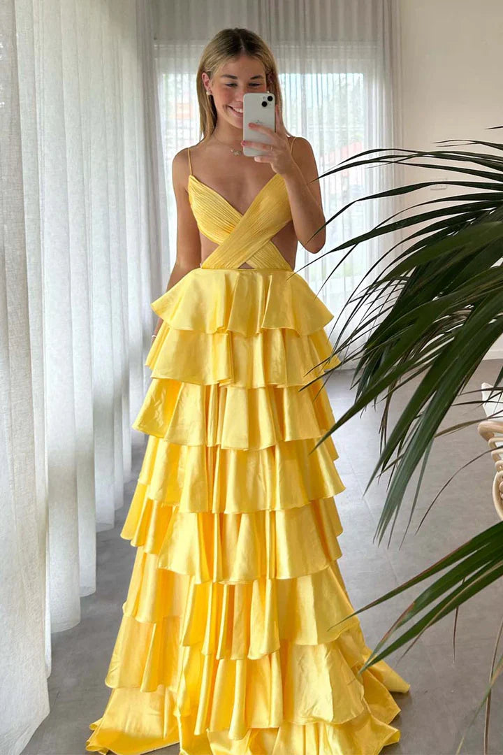 Yellow Sexy Spaghetti Straps A-Line Ruffles Prom Dresses