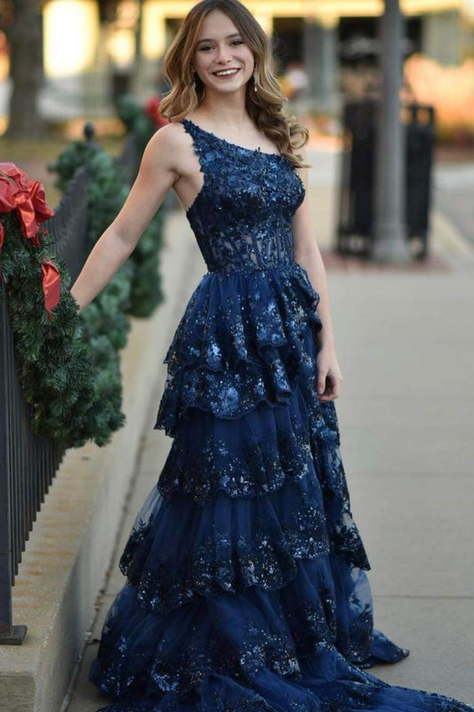 Navy Blue One Shoulder Ruffles Prom Dress with Appliques
