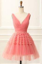 Watermelon Chic V-Neck Tiered Tulle A-Line Homecoming Dresses