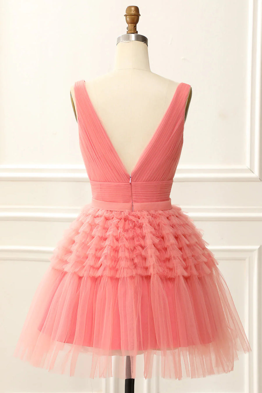 Watermelon Chic V-Neck Tiered Tulle A-Line Homecoming Dresses