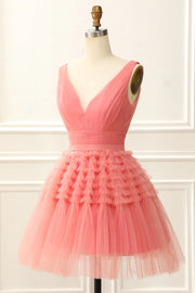 Watermelon Chic V-Neck Tiered Tulle A-Line Homecoming Dresses