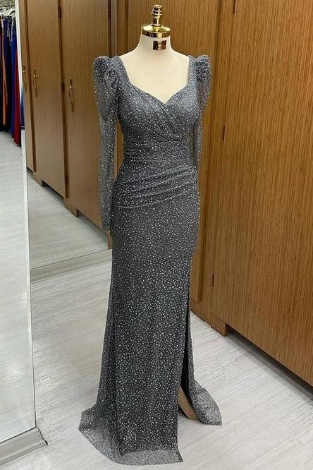 Beautiful V-Neck Long Sleeves Sequined Mermaid Prom Dresses with Slit