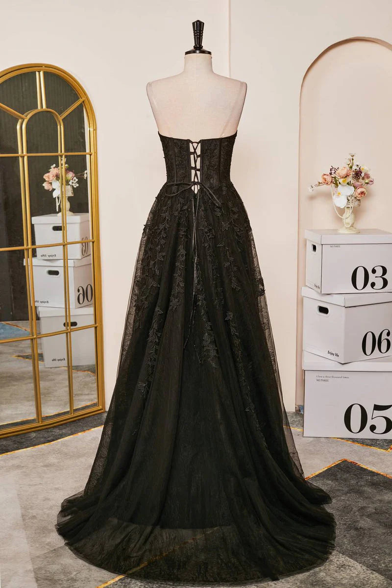 Black Strapless Sweetheart Lace Long A-Line Prom Dresses