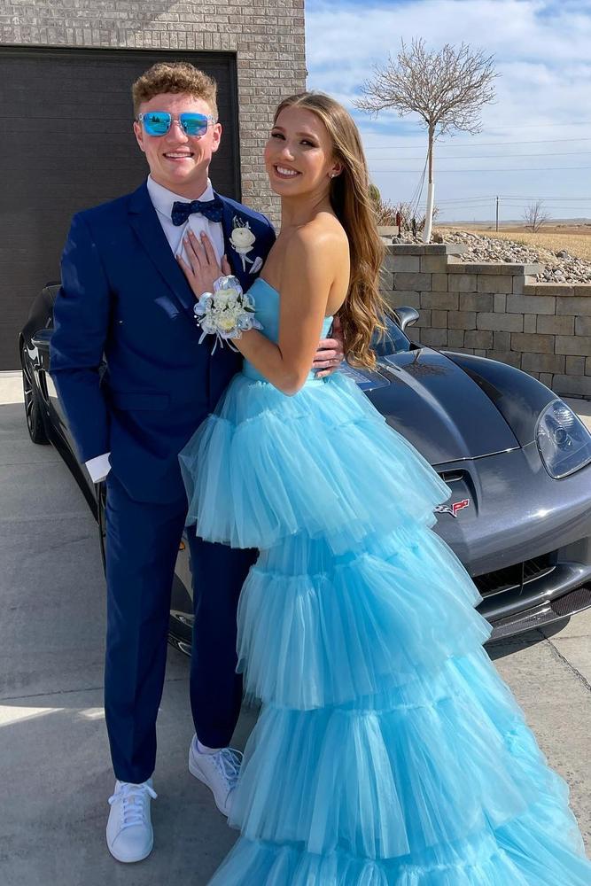 Lovely Blue Hi-Lo Strapless Tulle Prom Evening Dresses with Ruffles