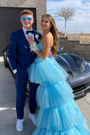 Lovely Blue Hi-Lo Strapless Tulle Prom Evening Dresses with Ruffles