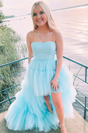 Lovely Blue Hi-Lo Strapless Tulle Prom Evening Dresses with Ruffles