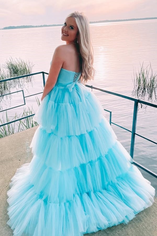 Lovely Blue Hi-Lo Strapless Tulle Prom Evening Dresses with Ruffles