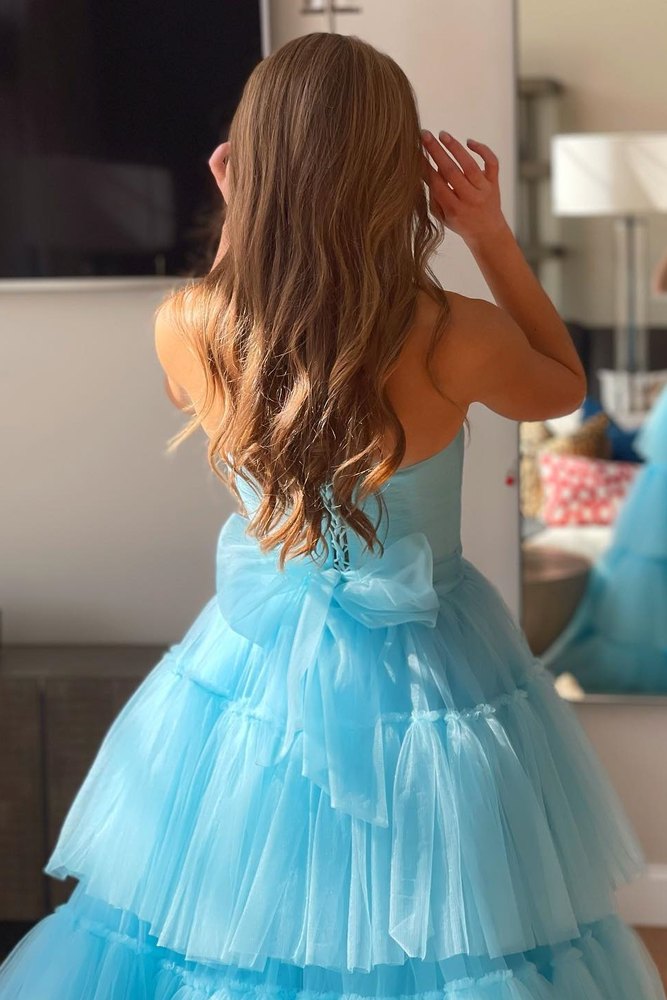 Lovely Blue Hi-Lo Strapless Tulle Prom Evening Dresses with Ruffles