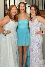 Lovely Blue Hi-Lo Strapless Tulle Prom Evening Dresses with Ruffles