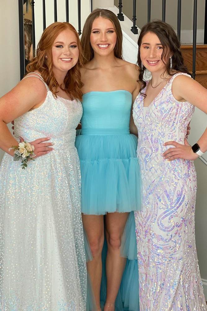 Lovely Blue Hi-Lo Strapless Tulle Prom Evening Dresses with Ruffles