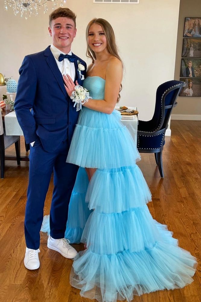 Lovely Blue Hi-Lo Strapless Tulle Prom Evening Dresses with Ruffles