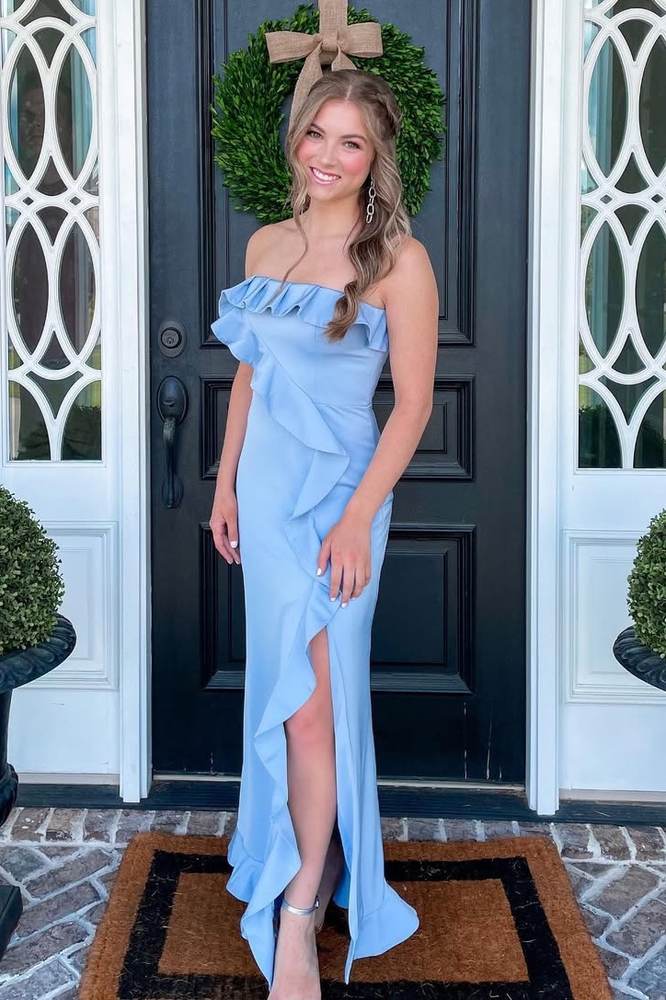 Graceful Blue Mermaid Split Front Strapless Prom Dresses with Ruffles