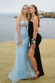 Chic Blue Spaghetti Straps Mermaid Tulle Prom Dresses with Open Back
