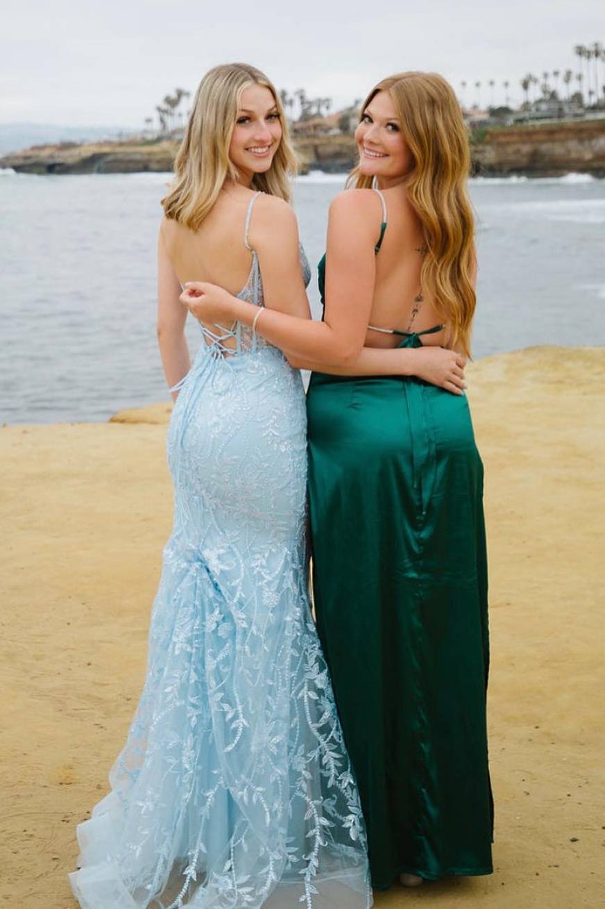 Chic Blue Spaghetti Straps Mermaid Tulle Prom Dresses with Open Back