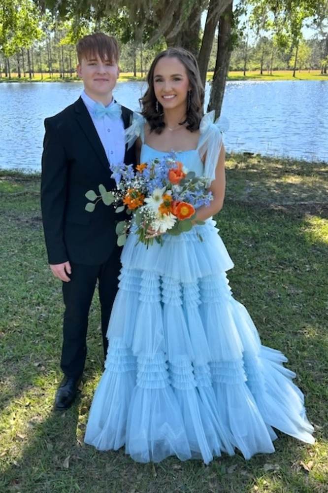 Trendy Blue Tiered Sleeveless A-Line Party Dresses with Slit