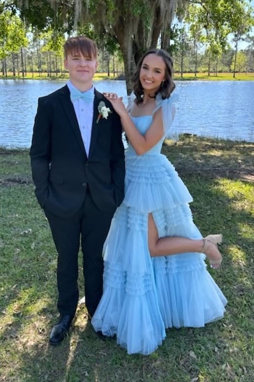 Trendy Blue Tiered Sleeveless A-Line Party Dresses with Slit