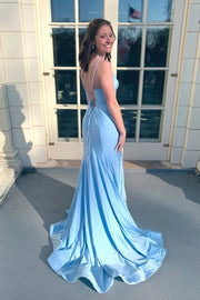 Sexy Blue V-Neck Long Mermaid Satin Prom Party Dresses