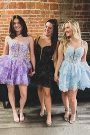 Light Blue V-Neck Spaghetti Straps A-Line Tulle Homecoming Dresses with Appliques