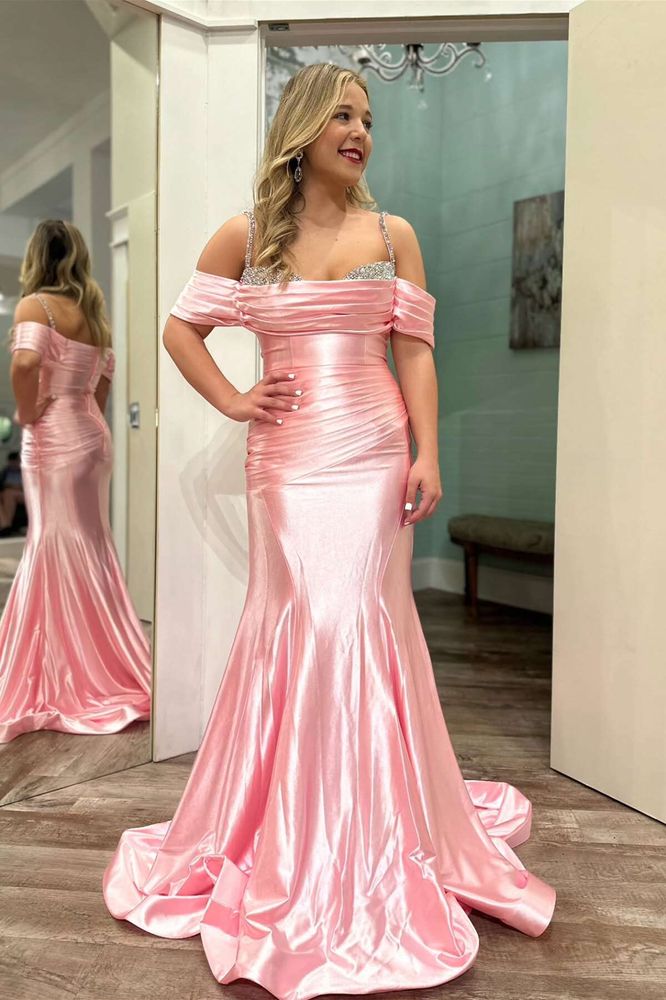 Cute Blushing Pink Satin Mermaid Off-The-Shoulder Prom Dresses with Spaghetti Straps