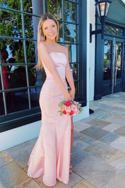 Elegant Blushing Pink Strapless Mermaid Floor-Length Prom Dresses with Slit